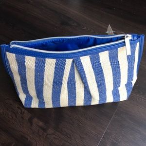 NWT Blue and Cream Striped Canvas Cosmetics Bag